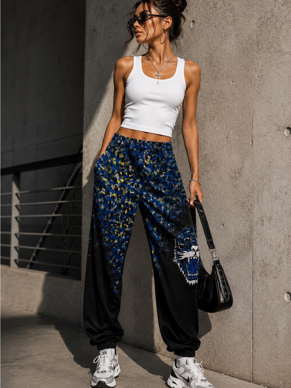 Ed Hardy Blue Tiger Graphic Jogger Pants Size S Rhinestone Elastic Waist